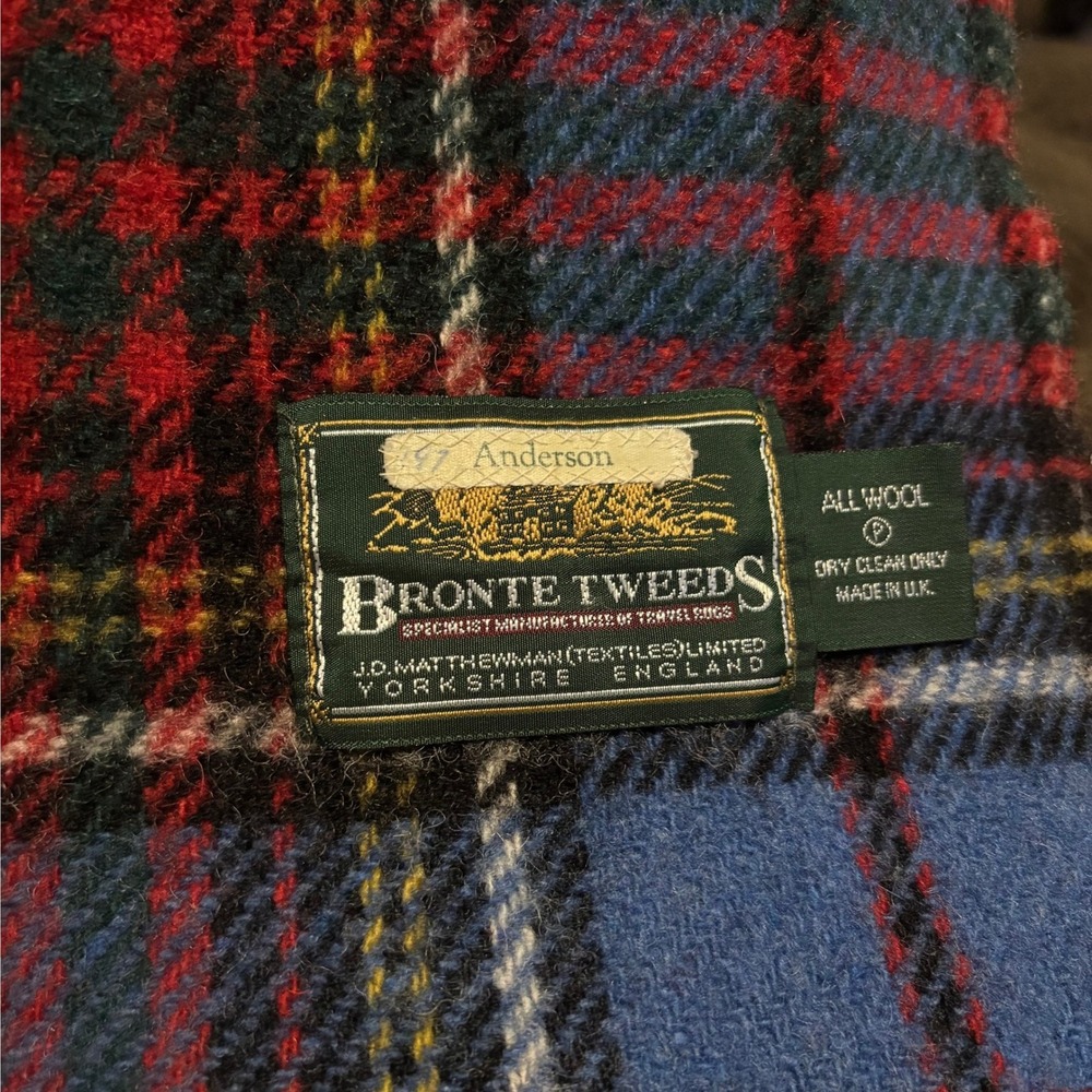 100% Wool Vintage Anderson Tartan Throw Blanket Travel Rug Bronte Tweed Blue Red